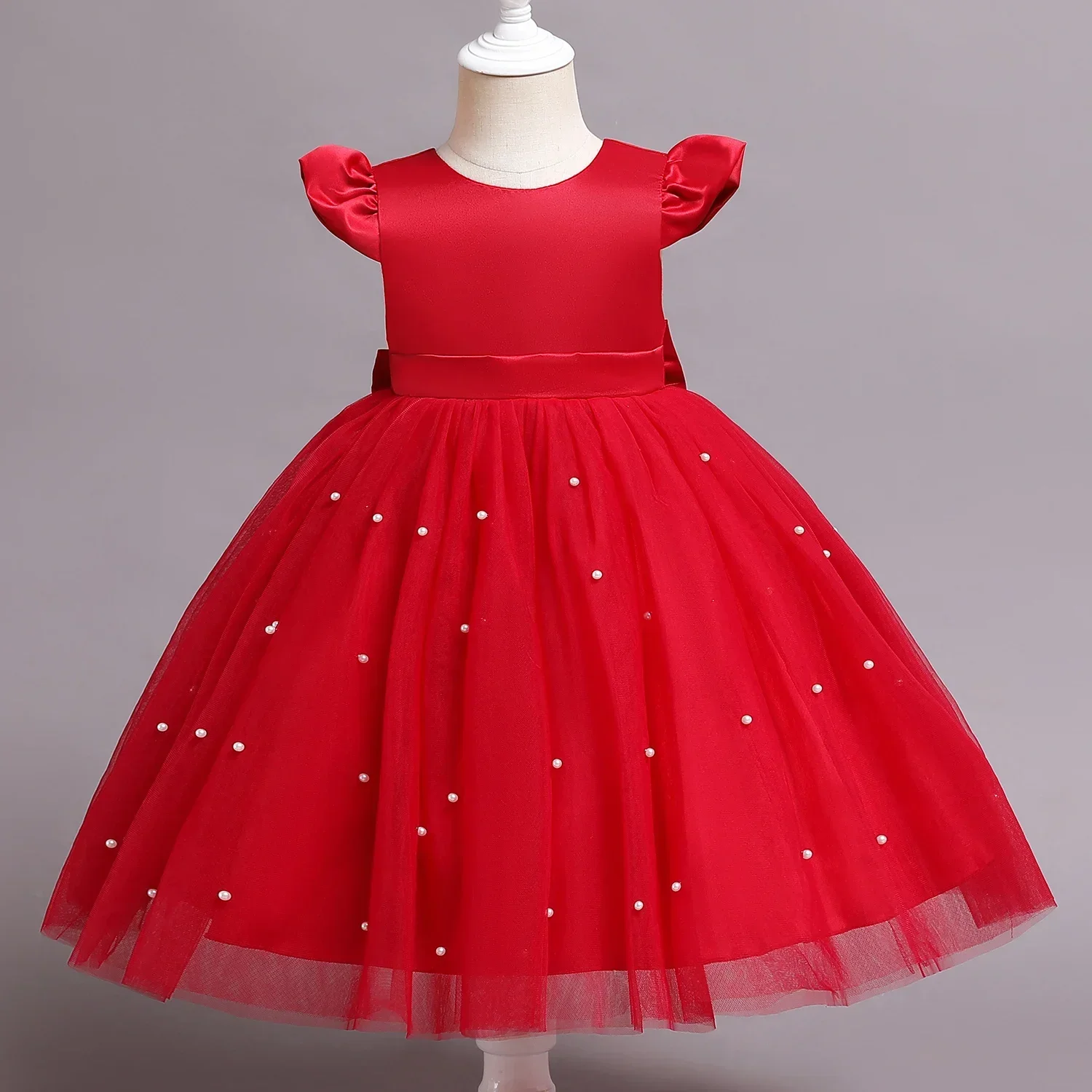 Kids Girls Christmas Party Dress Princess Pearls Mesh Dress for Baby Girl Red New Year Dresses for Girls Flower Girls Clothing