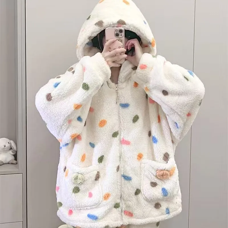 لطيف اللون نقطة الحلو منامة الشتاء المرجان الصوف ثوب النوم النساء فتاة الدافئة طويلة الأكمام السراويل دعوى ملابس المنزل