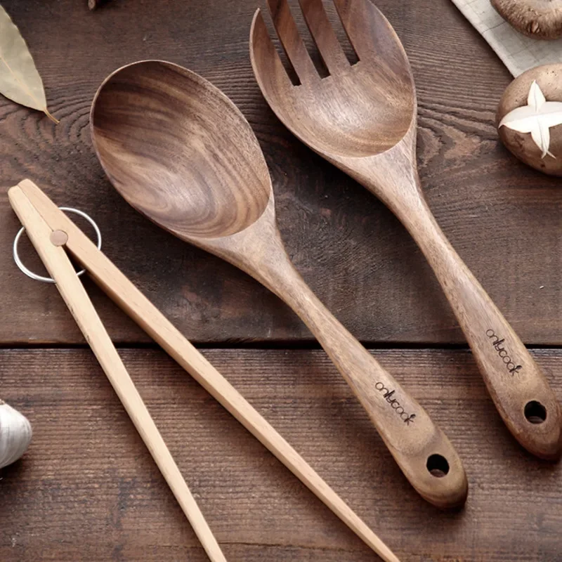 Cuchara grande de madera japonesa, tenedor para ensalada de doble uso, cuchara de mango largo para arroz de madera para el hogar, accesorios de cocina