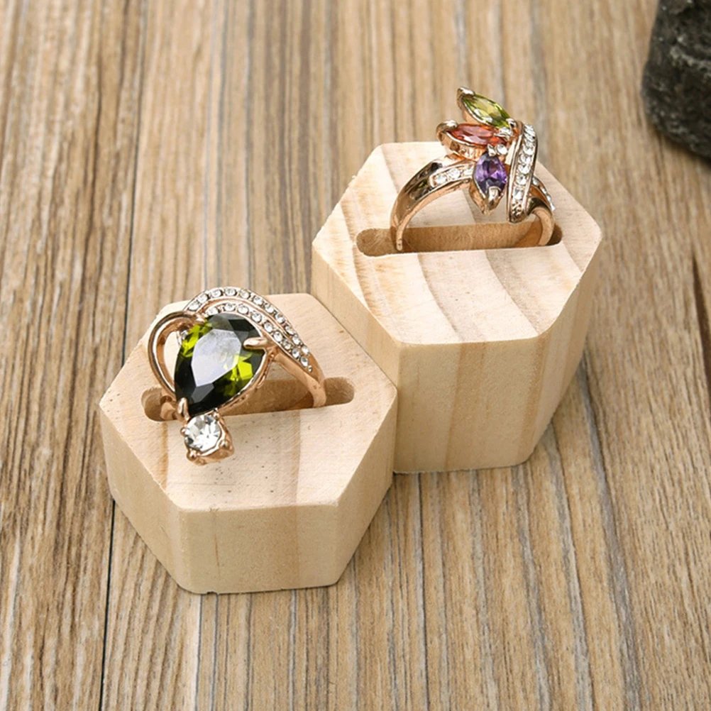 

Hexagon Display Rack Wood Color Jewelry Display Organizer Anti-Slip Bottom Ring Storage Rack For Couple Rings Vintage Style