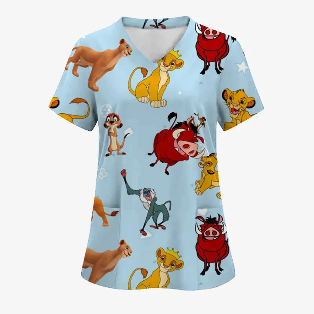 المرأة العمل موحدة طباعة الكرتون الأسد الملك قصيرة الأكمام الخامس الرقبة القمم فام بلوزة ممرضة ملابس العمل الزي الطبي