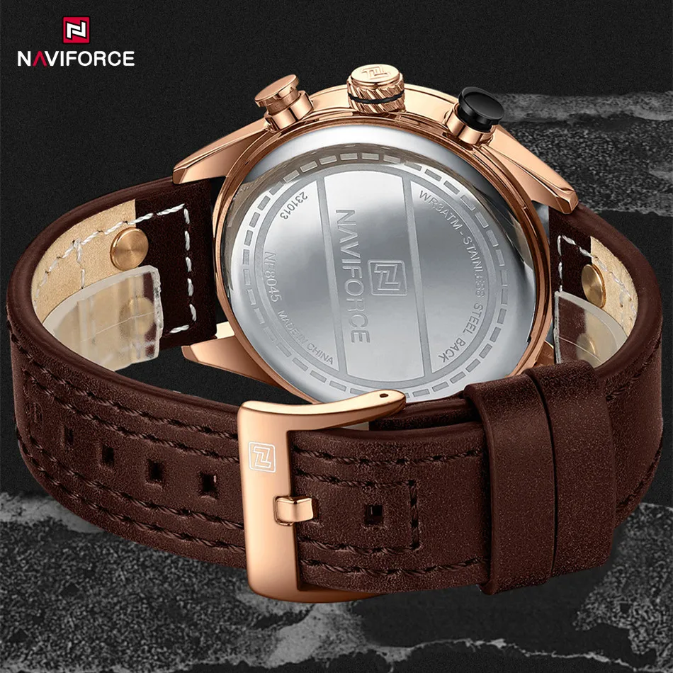 NAVIFORCE Fashion Watches For Men Leather Strap Waterproof Luminous Male Casual Chronograph Quartz Wristwatch Reloj Hombre 2024