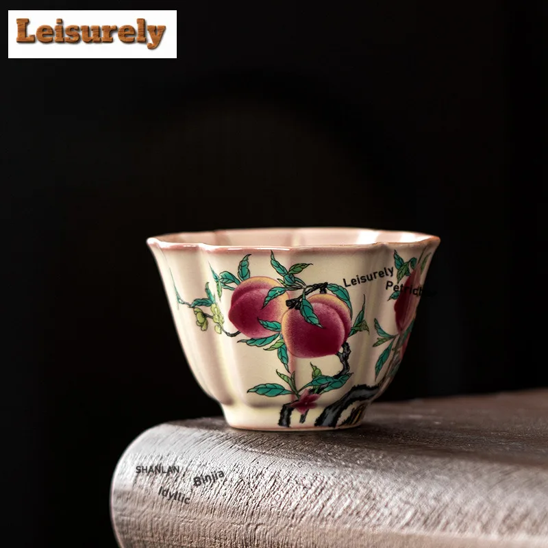 Hand Painted Nine Peach Ru Kiln Flower Mouth Teacup Ancient Tea Bowl Jug Tea-tasting Meditation Cup Jianzhan Master Cups Craft