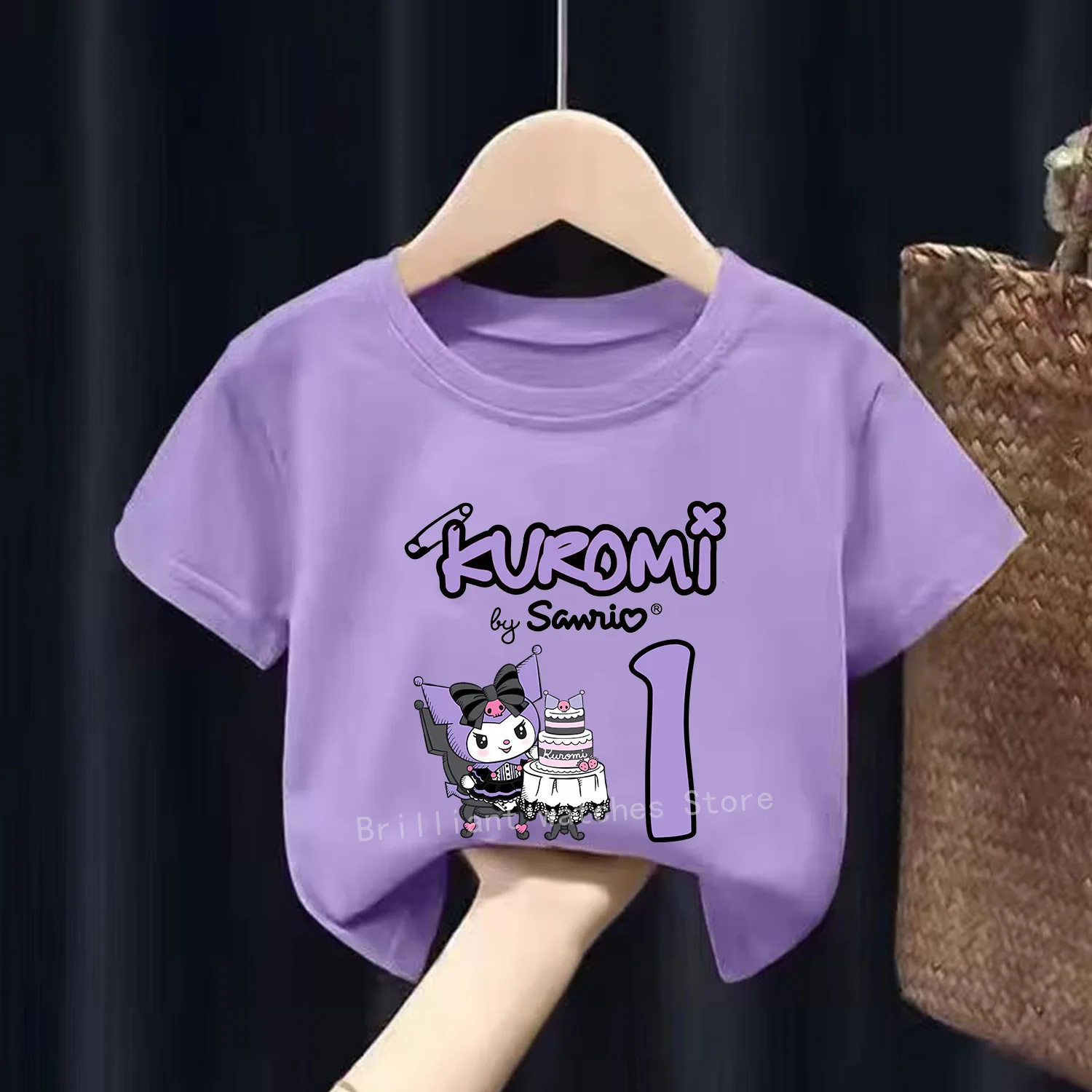 Kuromi T-shirt for Children New Sanrio Birthday Numbers T-shirt Cute Cartoon Purple Short Sleeve Girls Loose Clothing Kids Gift