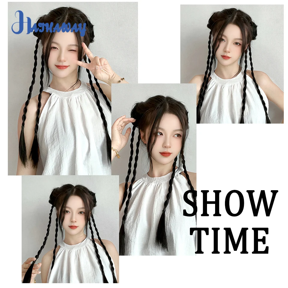 Synthetic Wigs New Chinese Double Ball Head Wigs Sweet And Cool Twist Braid One Can Be Tied Braided Hair Grab Clip Wig Ring