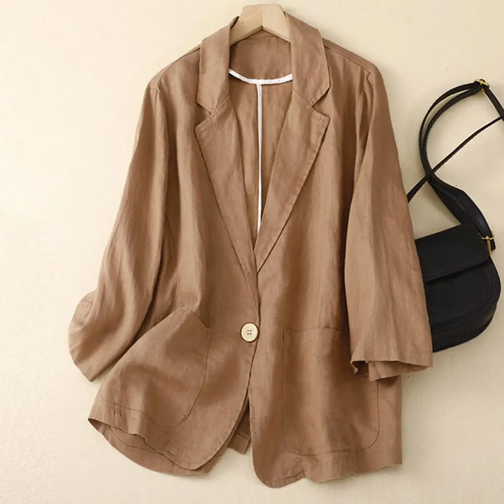 Summer  Sunscreen Thin Suit Coat Lapel 3/4 Sleeve Single Button Suit Jacket Solid Color Pockets Design Casual Suit Coat