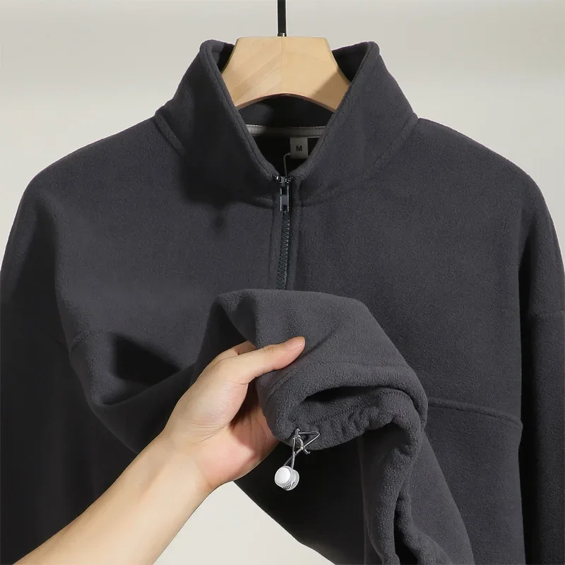 Double Side Fleece Warm Pullovers Half Zipper Turtleneck Sweatshirt For Men Solid Drawstring Hem High Street Jackets Male Tops