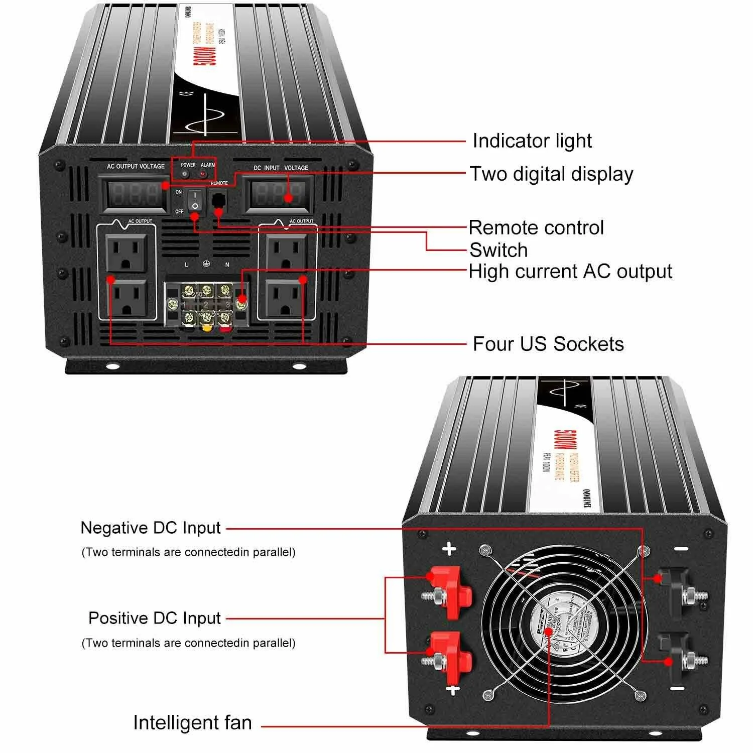 5000W pure sine wave power inverter, 36V/72V/110V DC to 110V/120V/230V/240V AC converter, suitable for RVs.