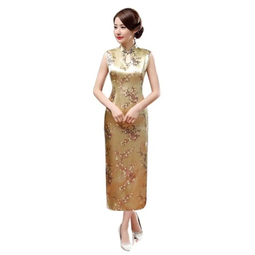 

Traditional Floral Print Cheongsam Dresses Mandarin Collar Vintage Bodycon Dresses Chinese Style Maxi Traditional Clothing Women