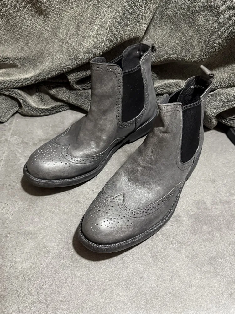 Male Business Casual Office Cowskin Genuine Leather Brogues High Top Shoes Slip On Autumn Winter Vintage Men Chelsea Short Boots