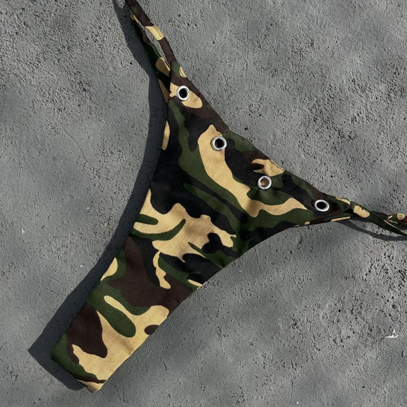 European American Cross Border 2026 Summer Camouflage Halter Letter Print Iron Ring Fashion Bikini Swimwear Set - Image 4