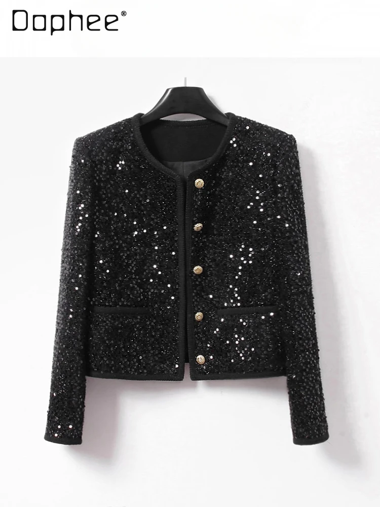 Elegant Lady Short Top Spring and Autumn Black Sequined Crew Neck Long Sleeve Single-Breasted High-End Top Jackets for Women