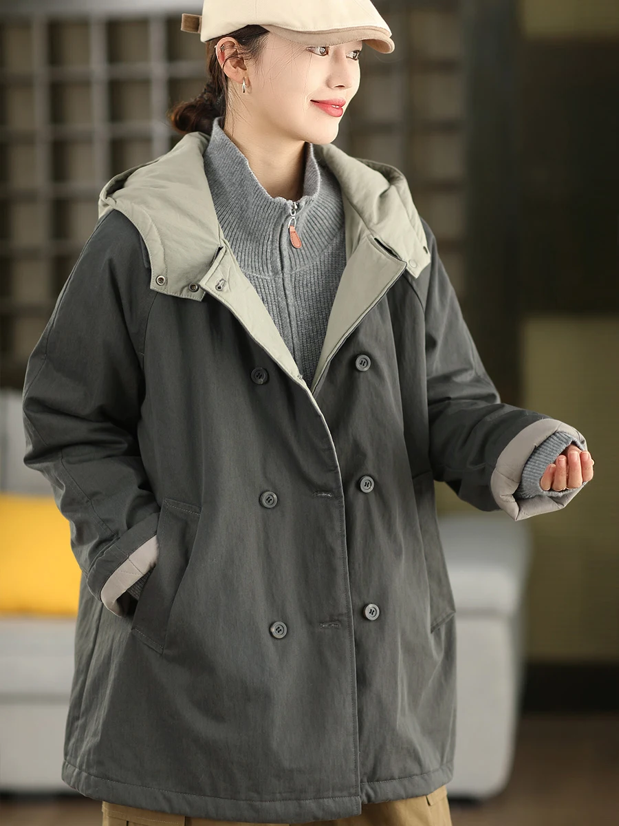 

Утепленное шерстяное зимнее пальто с капюшоном, теплое хлопковое пальто с длинными рукавами, на двойной пуговице, однотонное, для повседневной носки, свободного кроя