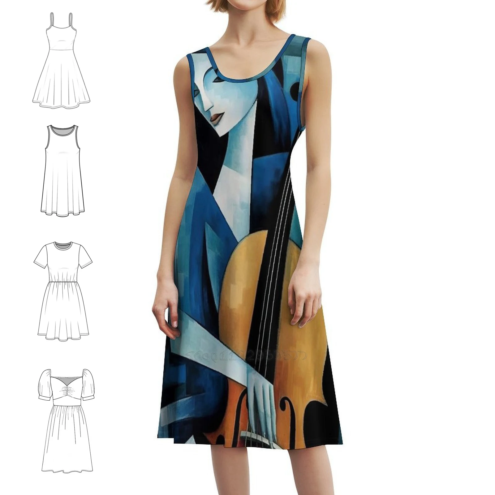 مكعب: فستان سيمفونيات زرقاء في الفن الحديث البوهيمي بدون أكمام للنساء مطبوع فساتين حفلات الشاطئ مكعب باللون الأزرق الفني #1