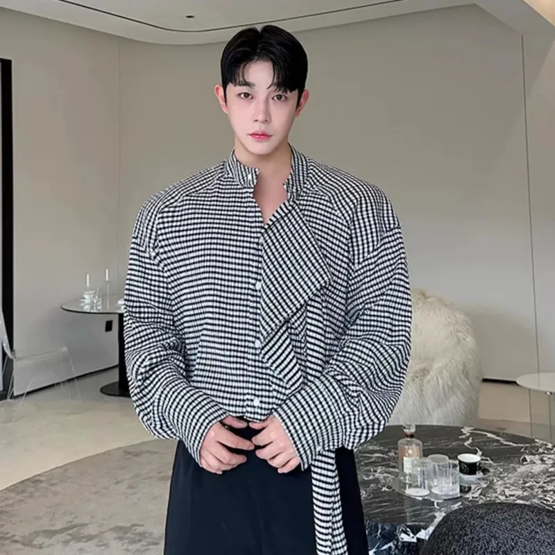 WVGA Spring Autumn New Men's Fashionable Checked Trendy Long Sleeve Shirts Niche Chic Casual Ribbon Syand Collar Tops Ins W23581