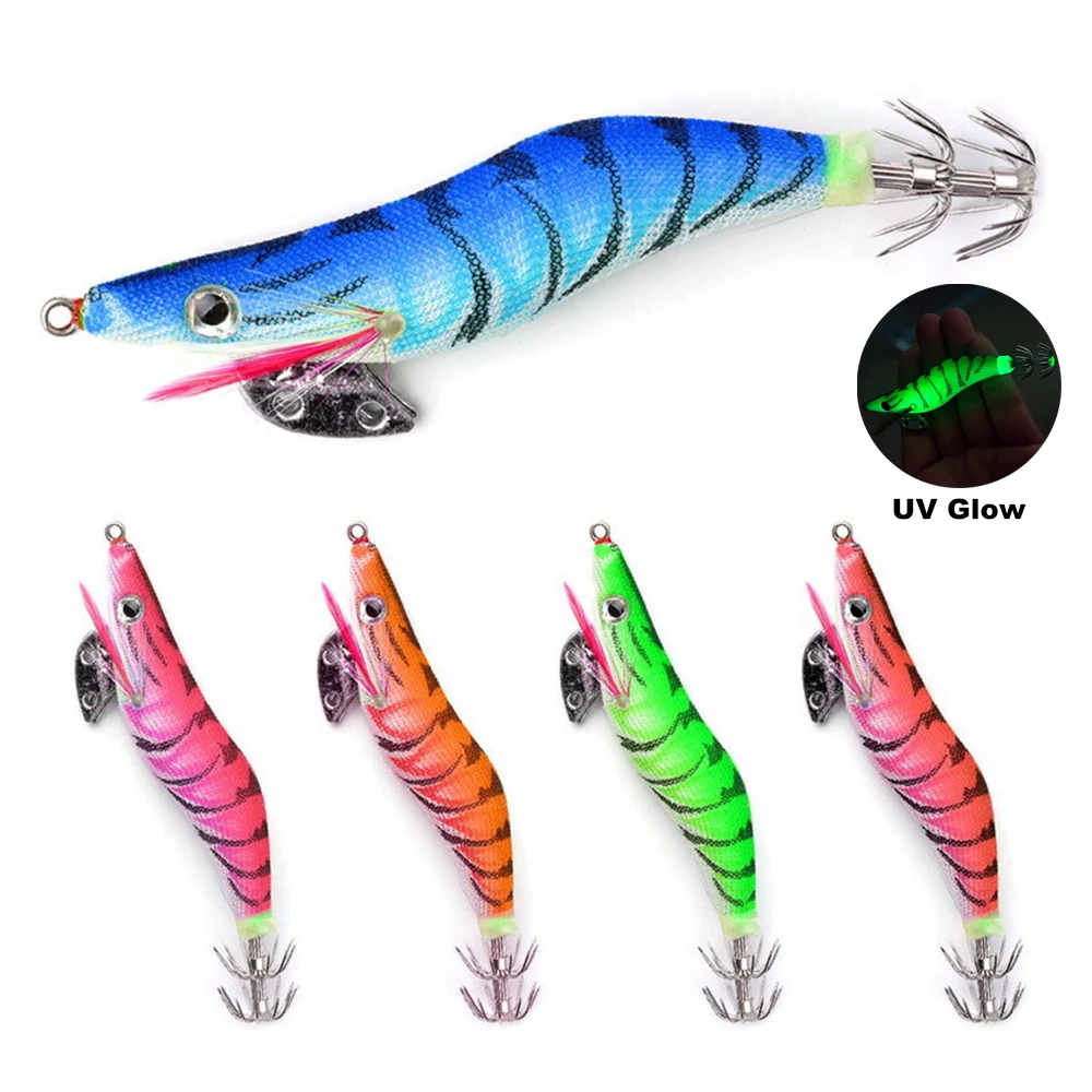 

5PCS Kit Glow Squid Lure UV Night Fishing Bait with 3D Eyes & Double Umbrella Hooks for Saltwater Squid/Cuttlefish Jigging