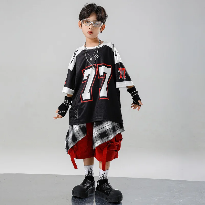 Kind Kpop Hip Hop Kleidung Schwarz T Shirt Top Rot Sommer Straße Cargo-Shorts Mittlere Hosen für Mädchen Junge Jazz Dance Kostüme Kleidung