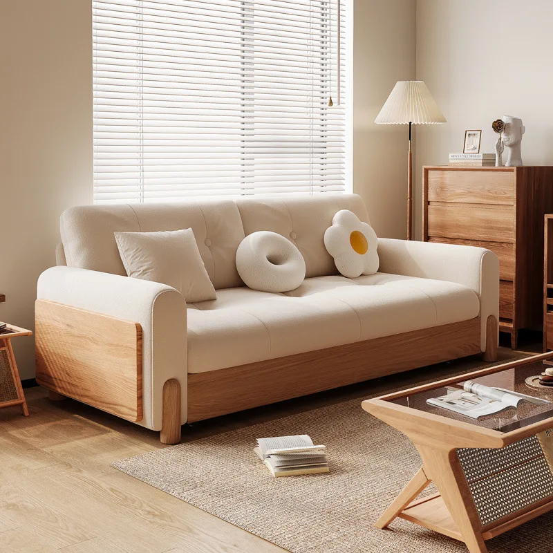 Red oak, folding dual-purpose, multi-functional living room small apartment, straight row log wind sofa bed