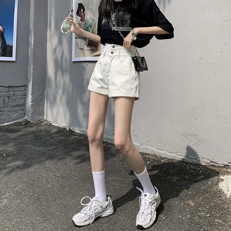 

High Waist White Denim orts Women Summer Wide Leg A-Line Outerwear Hot Pants Torn Hem Jeans orts Fem 8-24 Years Old