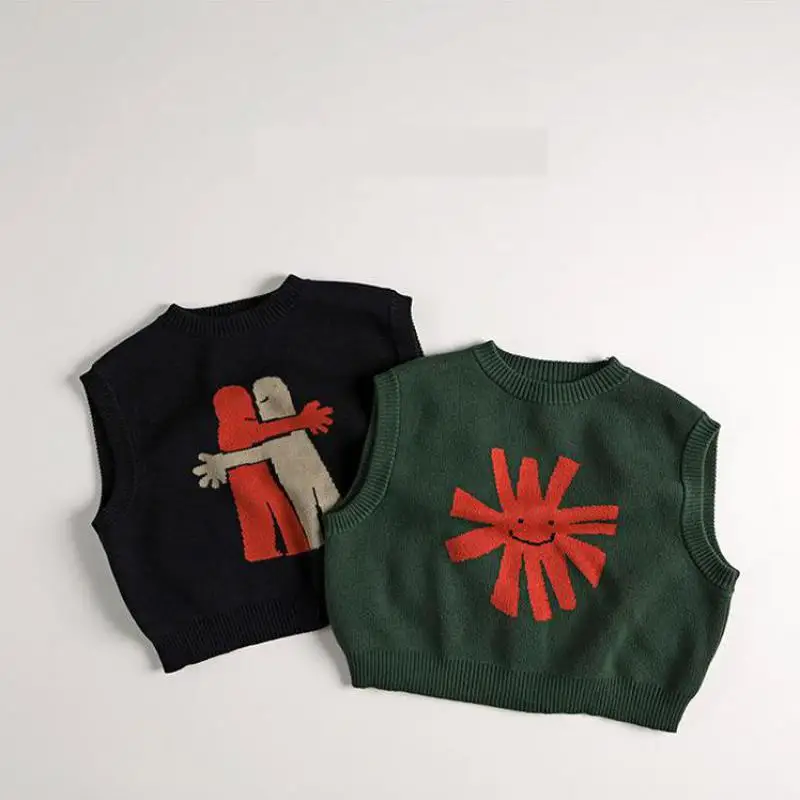 2024 Autumn New Children Sleeveless Sweater Fashion Print Boys Girls Cotton Knit Vest O-neck Loose Kids Vintage Sweater