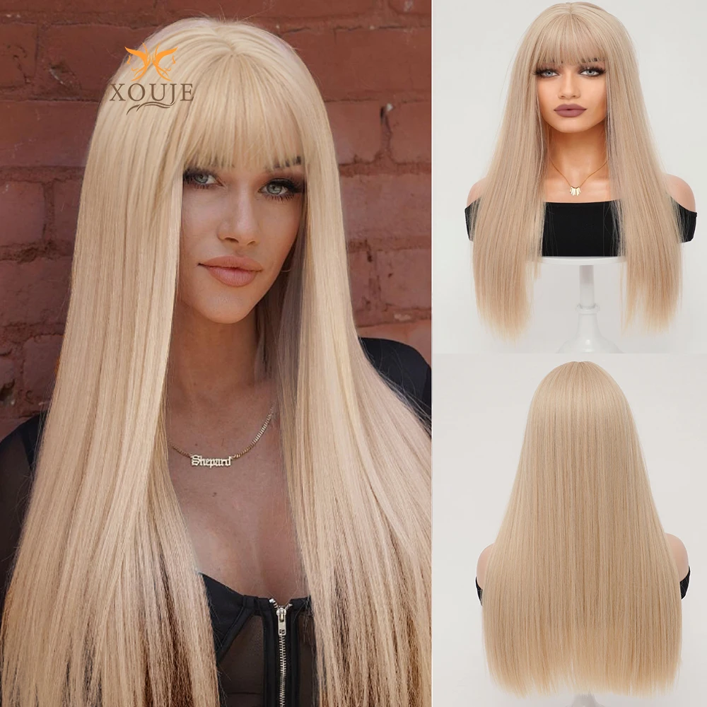 Blonde long straight hair wig synthetic heat-resistant wig natural bangs wig 24 inches for women daily wear holiday party