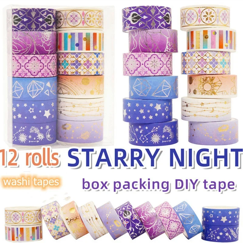 12 Rolls/set of Constellation Series Laser Masking Tape Set Purple Star Gold Foil Paper for Scrapbooking DIY Stationery