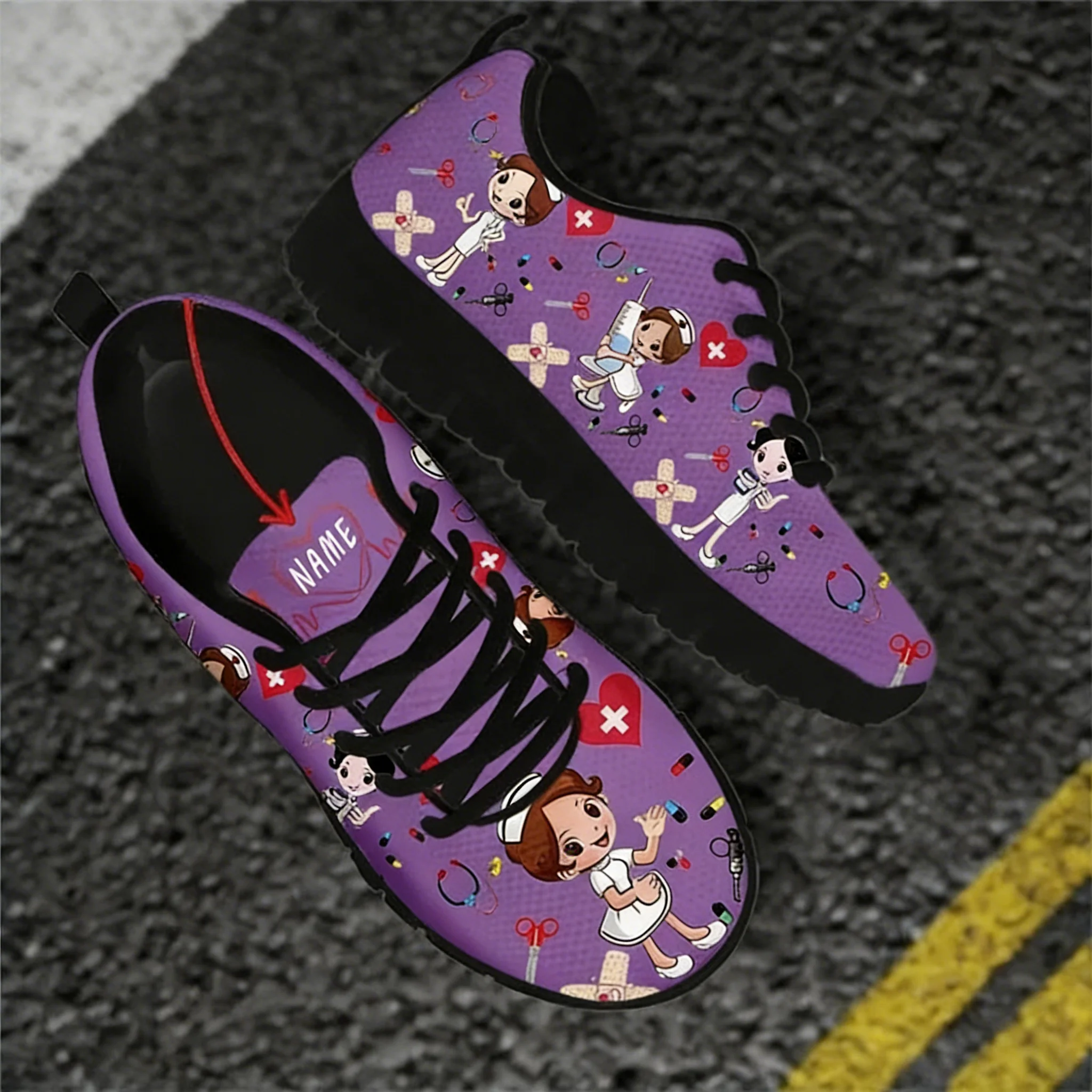 

Custom Name Nurse Shoes Mesh Flat Sneakers For Women's Cute Cartoon Premium Sketch Physio Design Breathable Footwear
