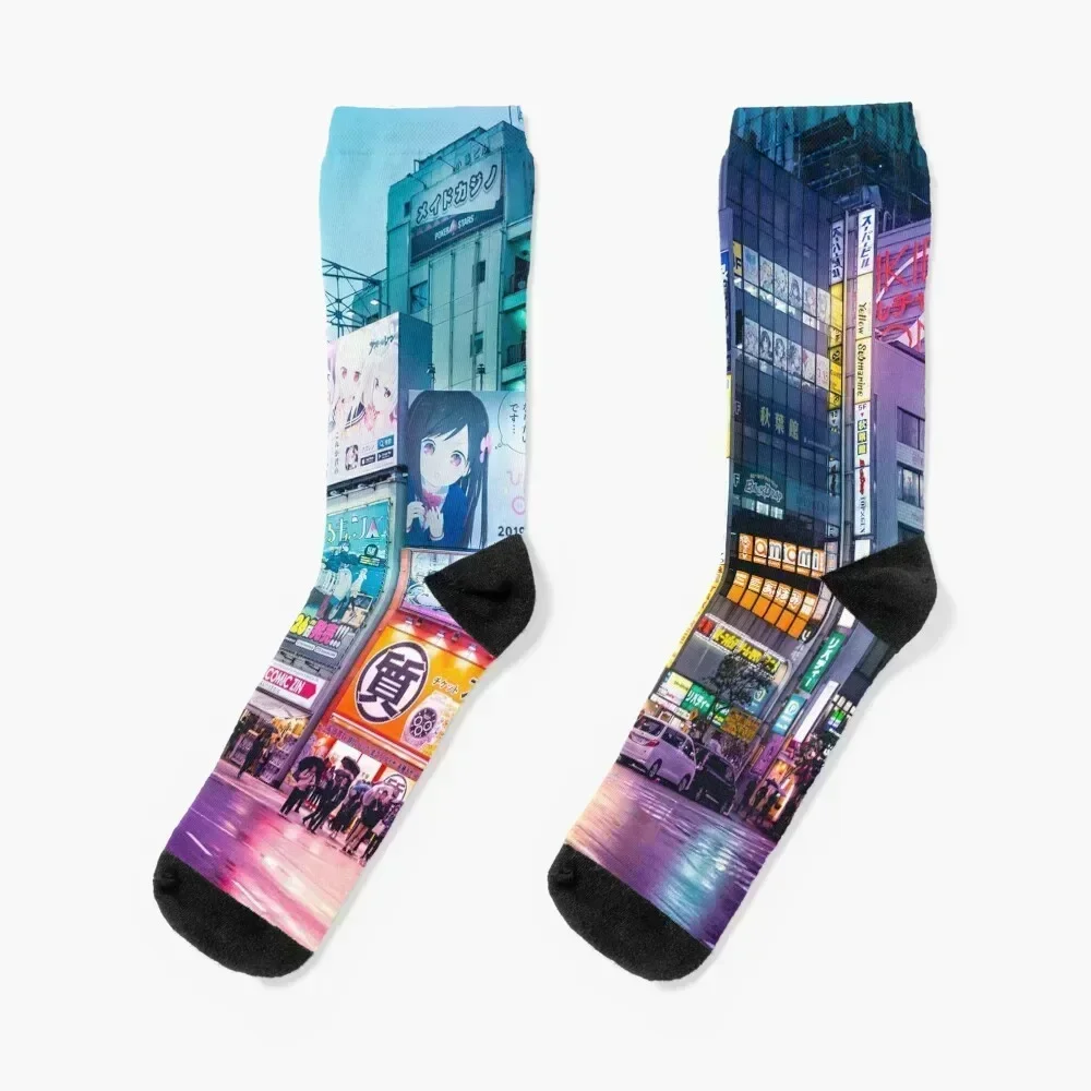 Anime Akihabara Neon Dream many colourful reflection on the wet streets Socks funny sock Stockings compression Man Socks Women's