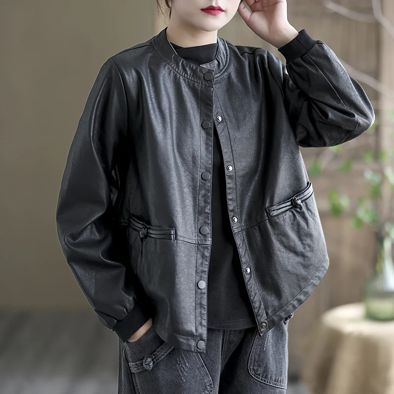 

Women's Short Leather Jacket Autumn New Style Fashionable Sensation PU Leather Coat Stand Collar Long Sleeve Straight Cut