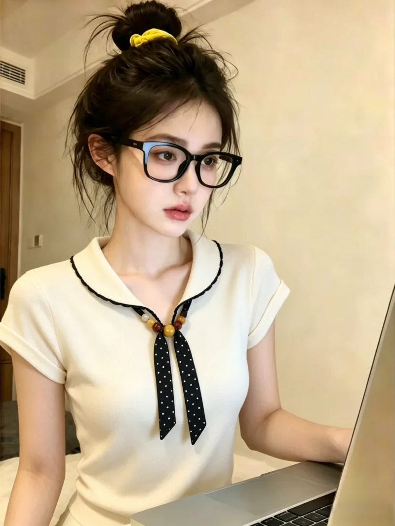 

Korean Style Polka Dot Silk Scarf Short Sleeve Knitted Shirt Women Summer New Unique Beautiful Top Self Kept Item