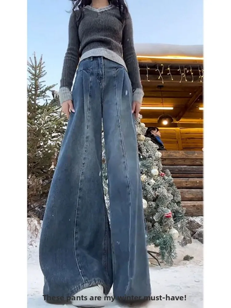 حجم كبير الأمريكية الرجعية Fce اصطف ثي الدنيم السراويل النساء الشتاء فضفاضة عالية الخصر ضئيلة مستقيم الساق واسعة الساق السراويل