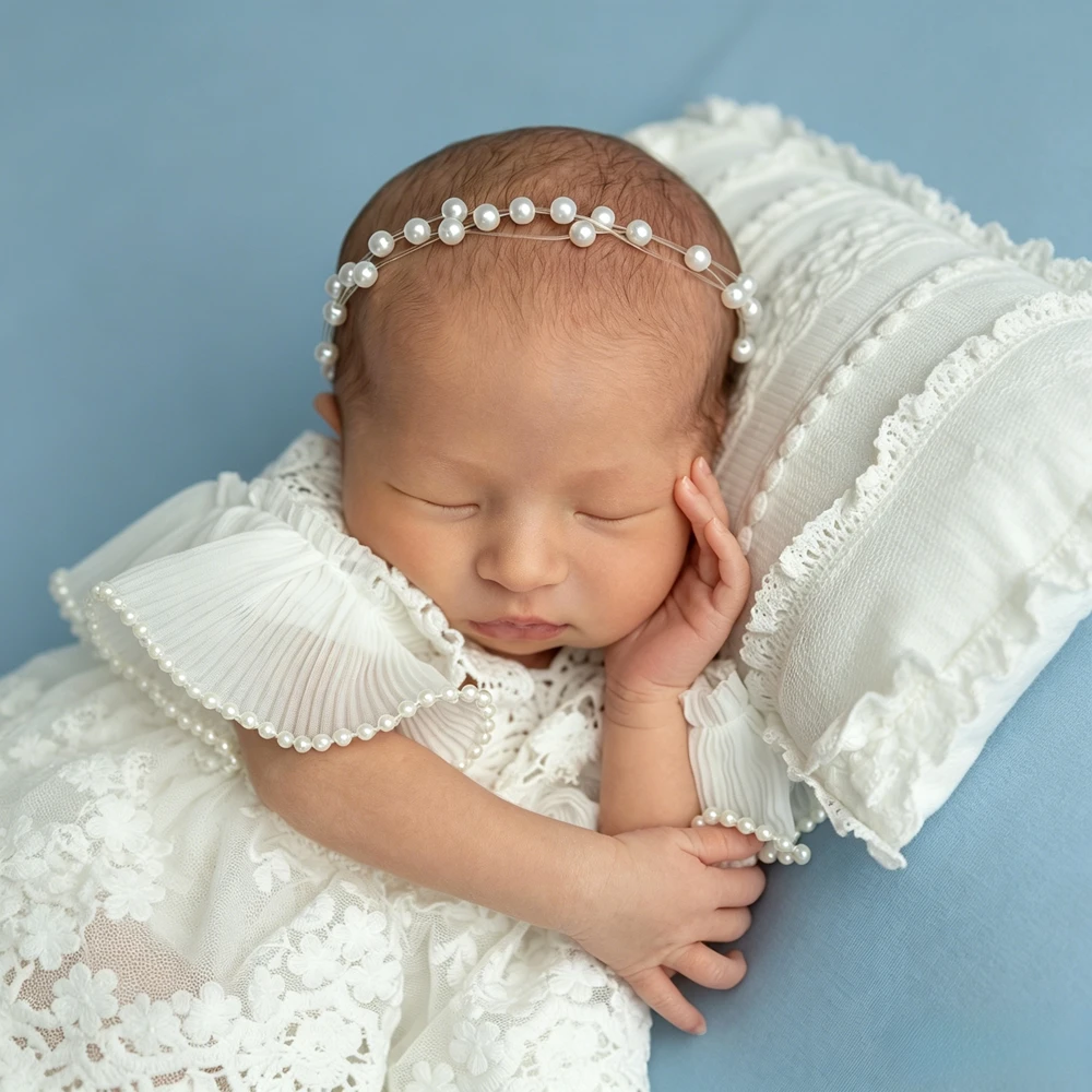 Newborn Photography Props Baby Girl White Lace Tutu Dress Ruffle Pearl Shoulder Infant Photo Shoot Outfit Newborn Lace Dress