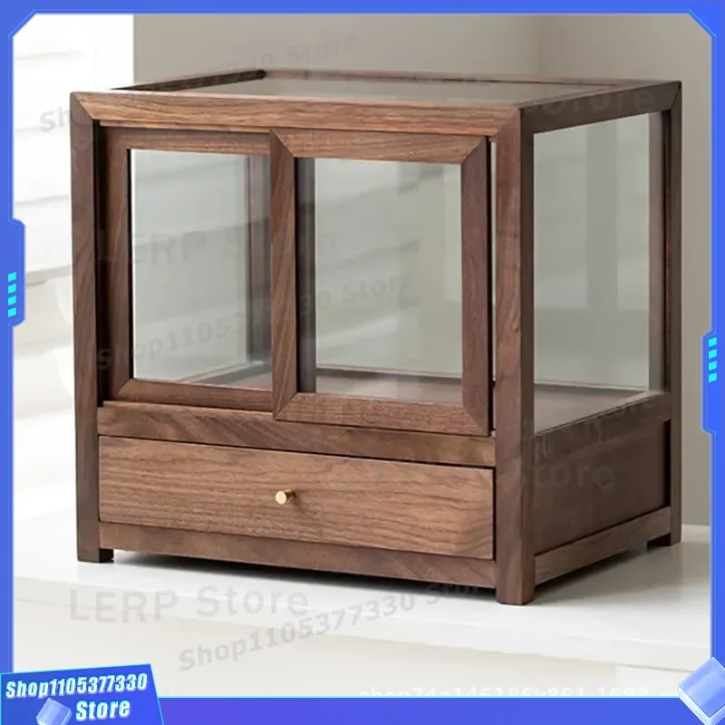Solid Wood Walnut Tea Set Display Box Transparent Dustproof Storage Cabinet Desktop Cup Holder Rack for Kitchen Organization