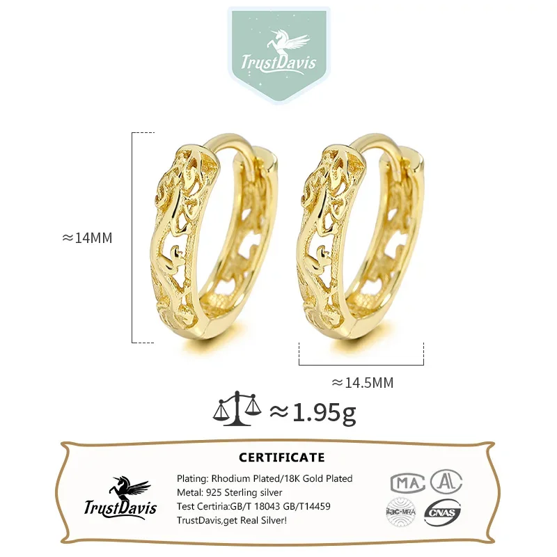 TrustDavis Real 925 Sterling Silver Fashion Personality Dragon Pattern Hoop Earrings for Women Wedding Party Jewelry DS3909