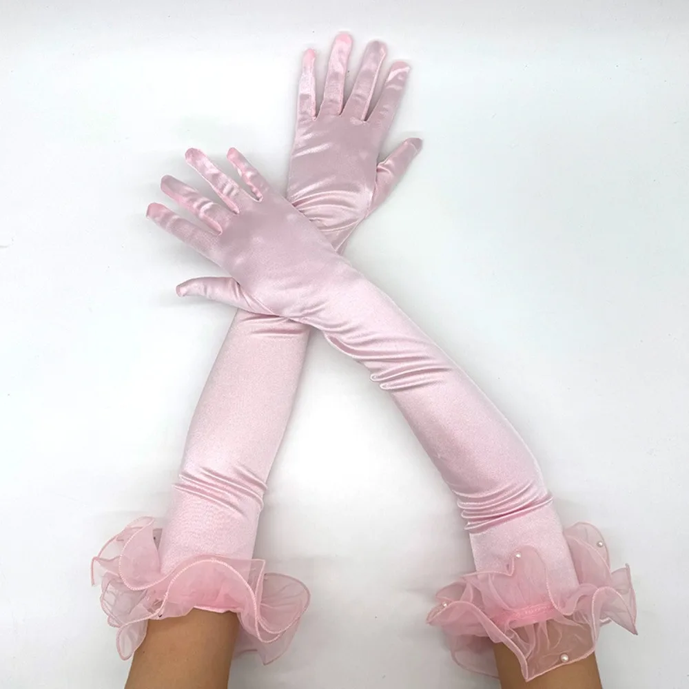 Vintage 55CM Women Long Satin Gloves Tulle Ruffle Pearl Bridal Gloves Performance Gloves Etiquette Stage