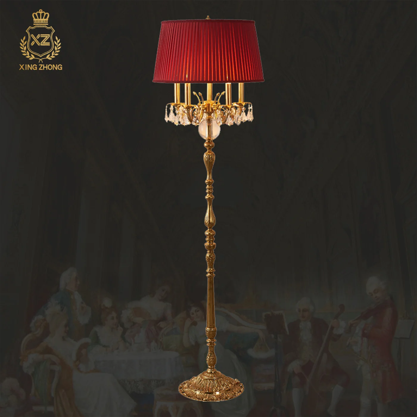 

European Art Design Indoor Corner Living Room Red Fabric Floor Lamp Study Sofa Edge Elegant Brass Floor Stand Lighting