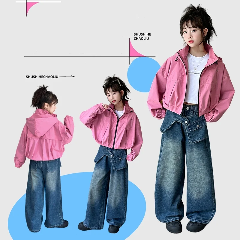 

Girls Clothes Sets Size 4-14Y Kid Hooded Coat Top&Jeans Bottom Suit Child 2-Piece Of Clothing Set Toddle Girl Vintage Street Set