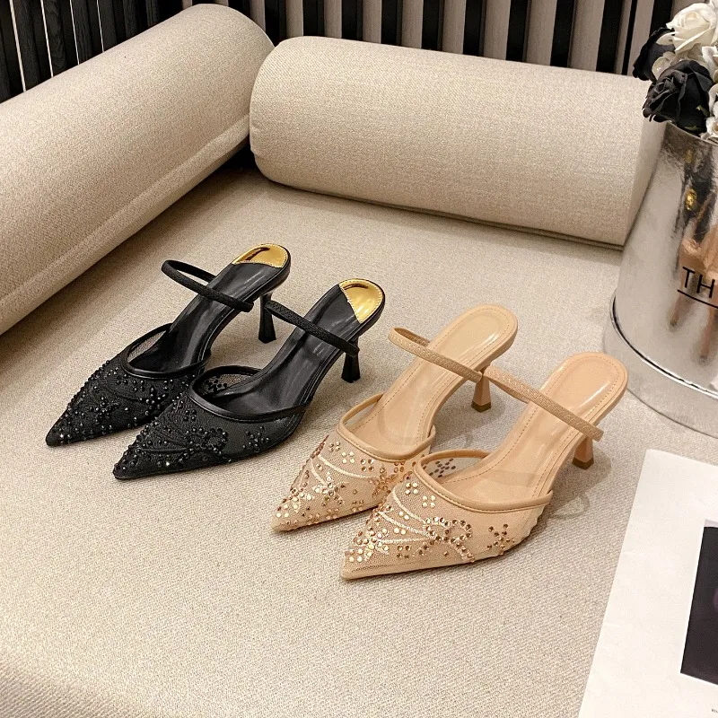 New Women's Fashion Embroidered Rhinestone High Heel Sandals, Pointed Sexy Versatile High Heel Sandals, Size 35-41
