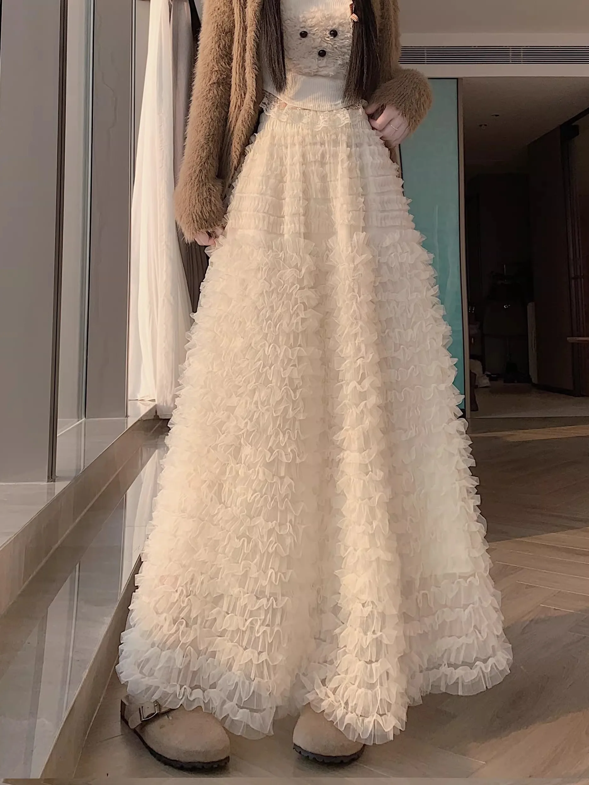 

Повседневная свободная юбка-торт с высокой талией, женская зимняя новая юбка из пышного тюля с тяжелой вышивкой, юбка длиной Ciwalk из полиэстера...