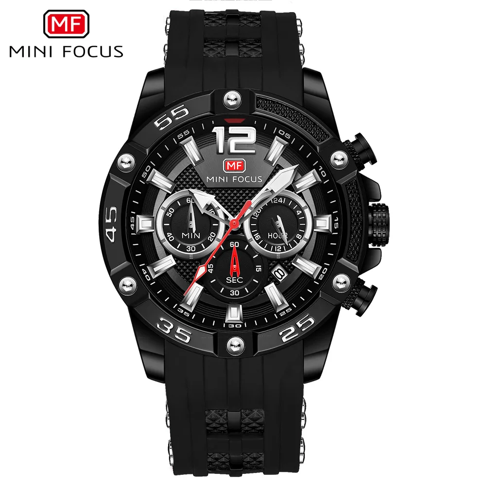 MINI FOCUS 0349G Quartz Watches Mens Fashion Outdoors Waterproof WristWatch Date Chronograph Analog Display Silicone Strap Clock