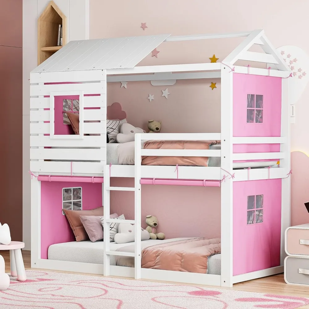 

Twin Over Twin Bunk Bed with Tent, Wood Twin Size House Bed Frame, Pink+White Modern Plywood, Pine Wood, MDF House Bunk Bed