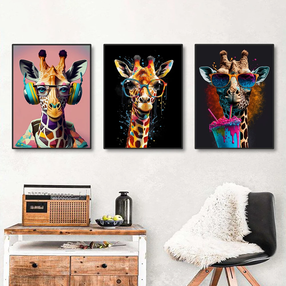 3PCS/Set Funny Color Animal Bubble Glasses Poster Canvas Painting Cute Giraffe Tiger Lion Sheep Wall Art for Home Bar Cafe Decor