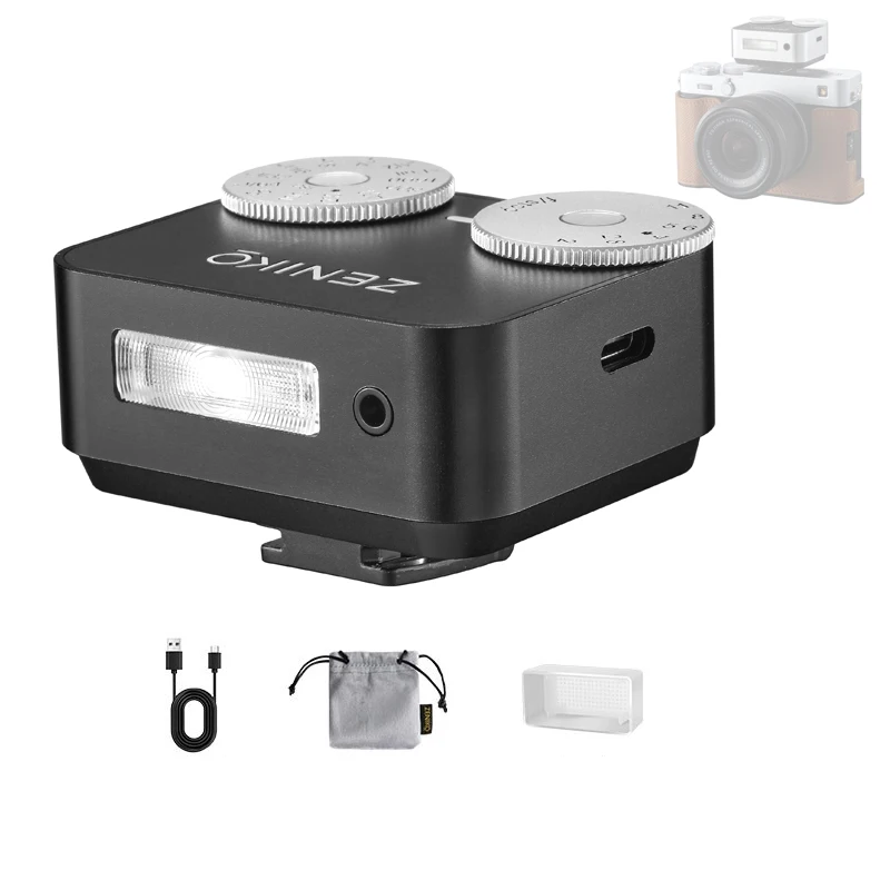 ZENIKO ZA12 デュアルダイヤルレトロミニ充電式カメラフラッシュライトスピードライト キヤノン 富士 XM5 XT3/ソニー A7M3 リコー GR3/4 カメラ用