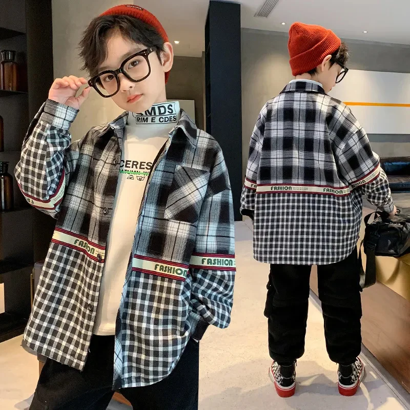 Teen Boys Clothes Fashion Letter Print Patchwork Blouse Autumn Winter Plush Warm Top Long Sleeve Shirt Children's Clothing 4-14Y