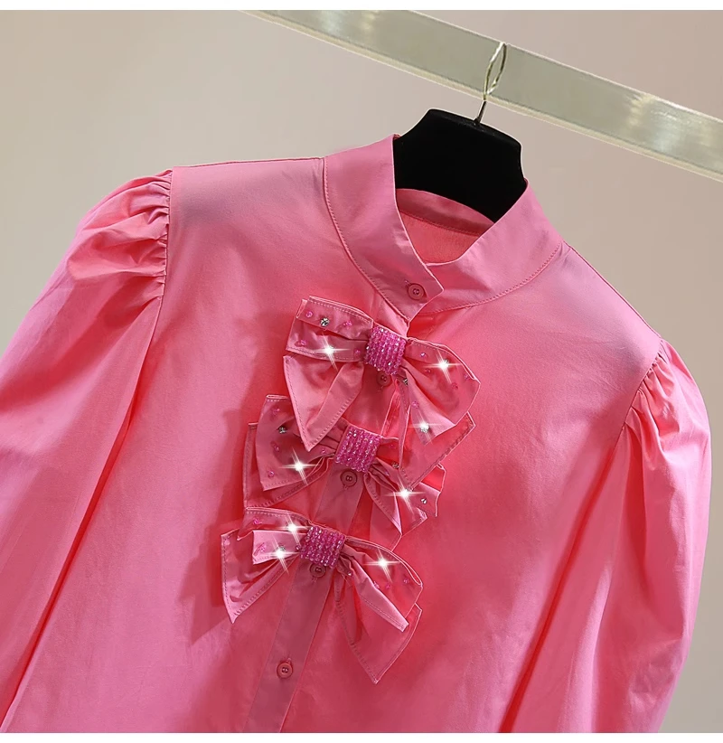 Bow Bead Diamond Long-sleeved Blouse for Women 2025 Spring New Korean Version Solid Color Stand-up Neck Straight Shirt Pink Top