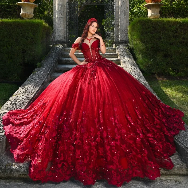 

Red Shiny Princess Off the Shoulder Sweet 16 Dress Quinceanera Dresses Applique Beads Bow Tull Party Birthday Vestidos 15 De