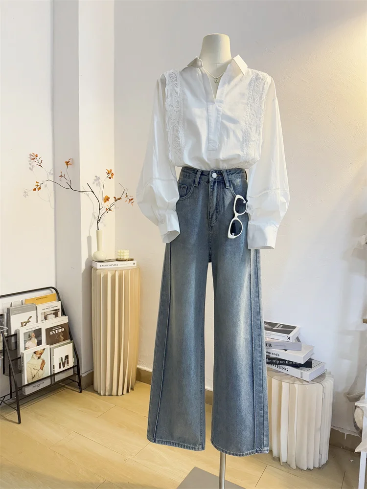 

Свободная повседневная белая рубашка во французском стиле с полуоткрытым воротником и длинными рукавами, женская весенняя элегантная рубашка с кружевным лоскутным топом TT318