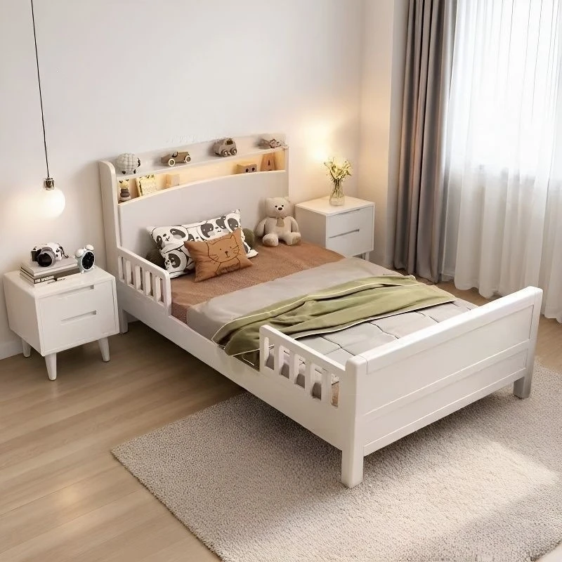 All solid wood guardrail bed with lamp princess bed small apartment armrest bed baby single anti-drop splicing living room