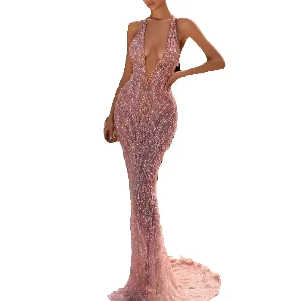 Luxuriöse Neckholder-Abendkleider mit Pailletten, sexy, ärmellos, mit Perlen besetzt, Meerjungfrau-Abschlussballkleid, maßgeschneidertes bodenlanges Partykleid mit Perlen
