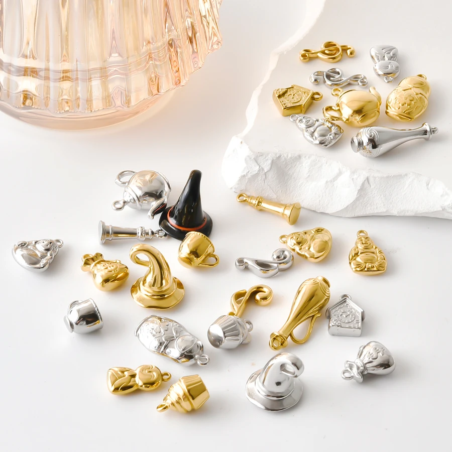 7Pcs 3D Simulation Money Bag Lighthouse Kettle Paper Oup Buddha Statue Stainless Steel Charms For Jewelry Making Bulk Pendant